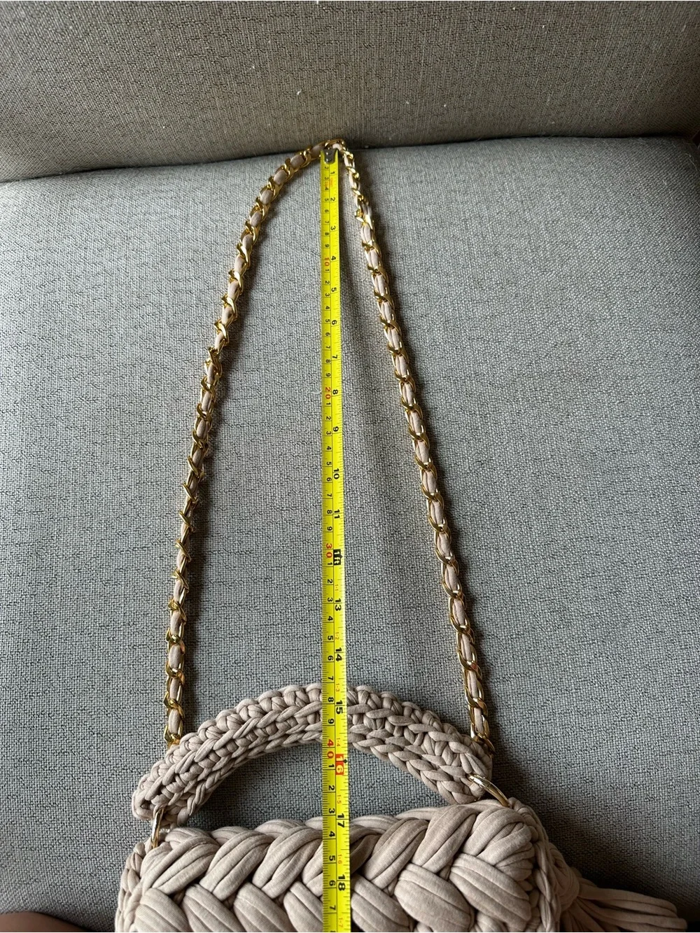 Handwoven Tan Fabric Crossbody Bag with Top Handle and Gold Chain Gold Accents